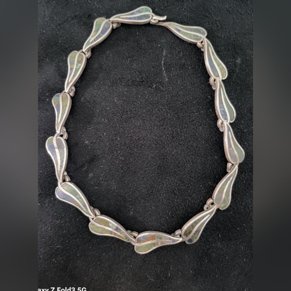 Los Castillo Taxco Elegant Sterling Silver Necklace With Mosaic Inlay